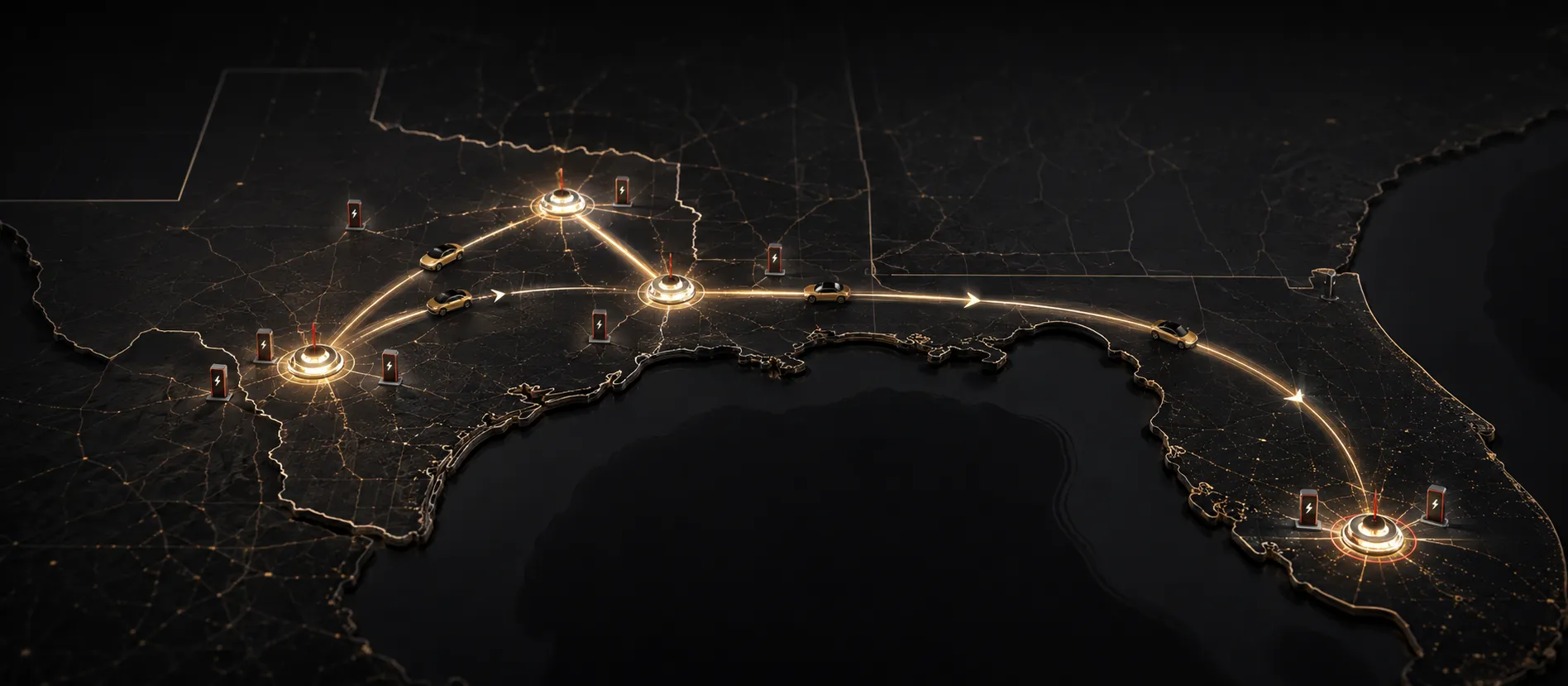 Render of the US robotaxi network with glowing depot nodes linked by routes